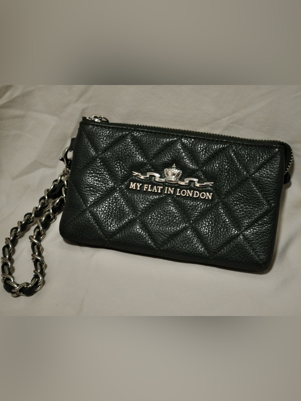 My Flat In London Quilted Leather Wristlet - Deep Green with Silver Hardware